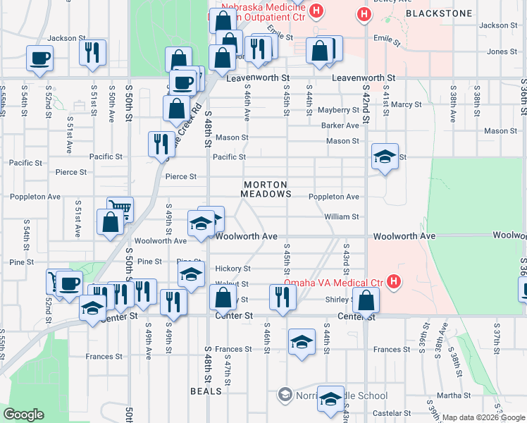 map of restaurants, bars, coffee shops, grocery stores, and more near in Omaha