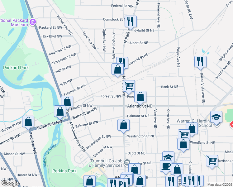 map of restaurants, bars, coffee shops, grocery stores, and more near 1153 North Park Avenue in Warren