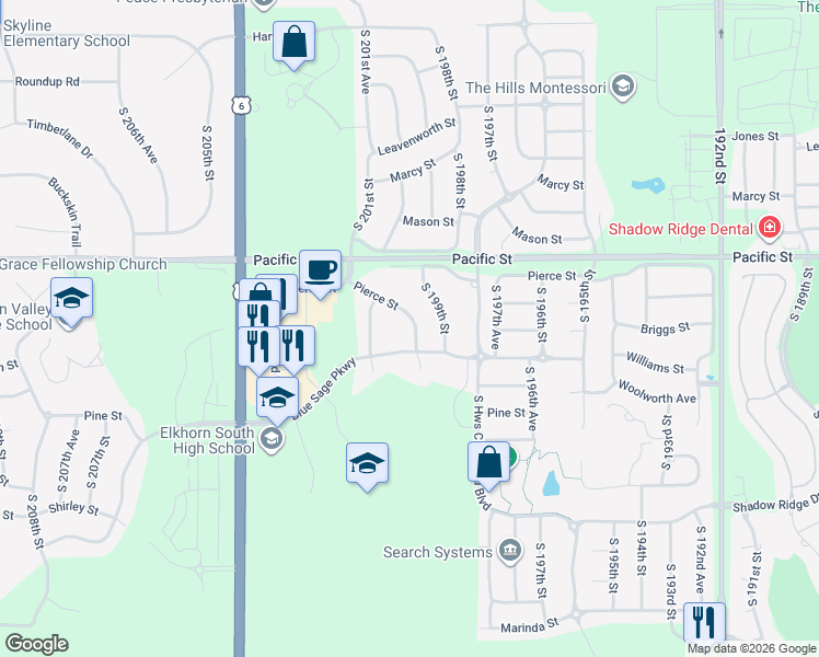 map of restaurants, bars, coffee shops, grocery stores, and more near 1218 South 200th Street in Omaha