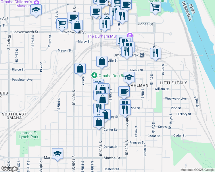 map of restaurants, bars, coffee shops, grocery stores, and more near 1222 South 12th Street in Omaha