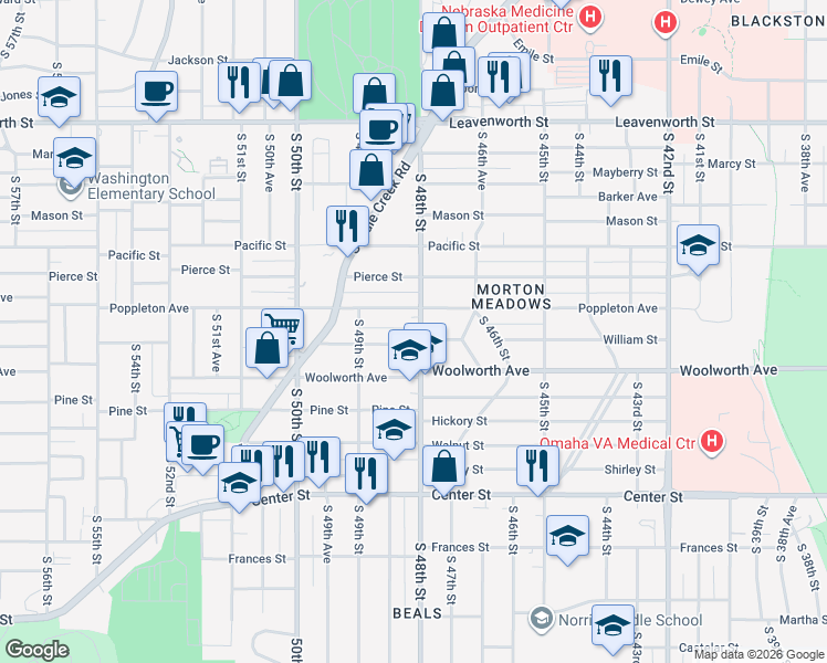 map of restaurants, bars, coffee shops, grocery stores, and more near 4685 Poppleton Avenue in Omaha