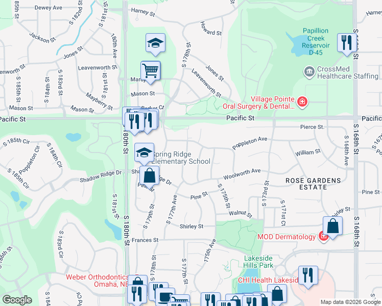map of restaurants, bars, coffee shops, grocery stores, and more near 17607 Poppleton Avenue in Omaha