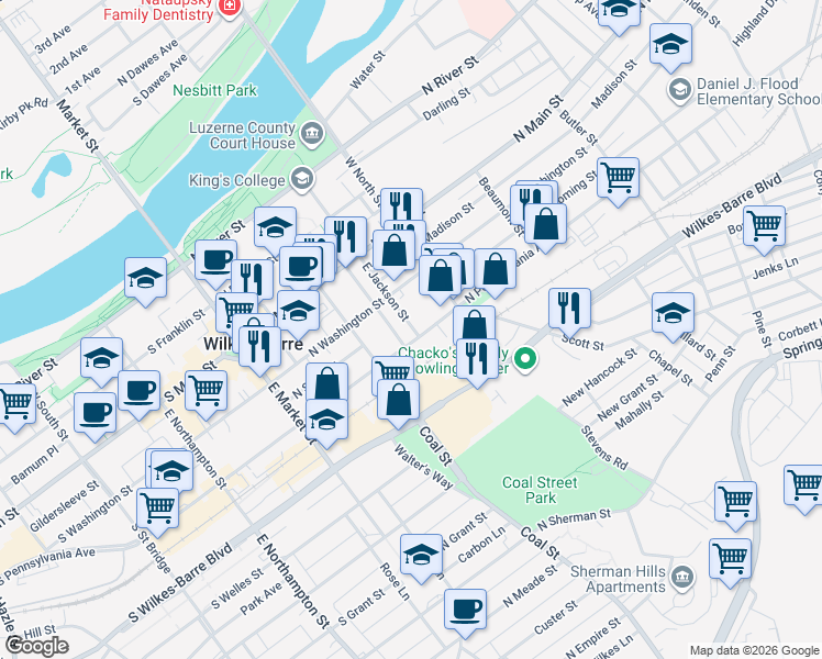 map of restaurants, bars, coffee shops, grocery stores, and more near 78 E Jackson St in Wilkes-Barre
