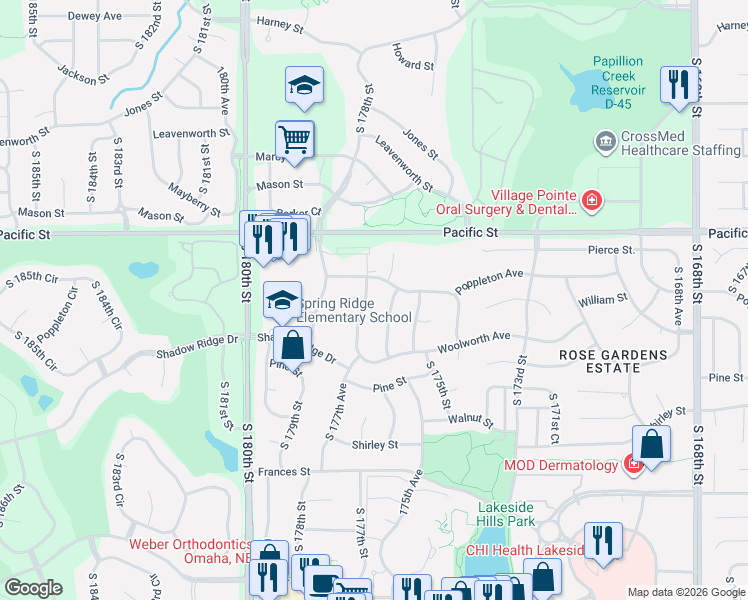 map of restaurants, bars, coffee shops, grocery stores, and more near 17607 Poppleton Avenue in Omaha
