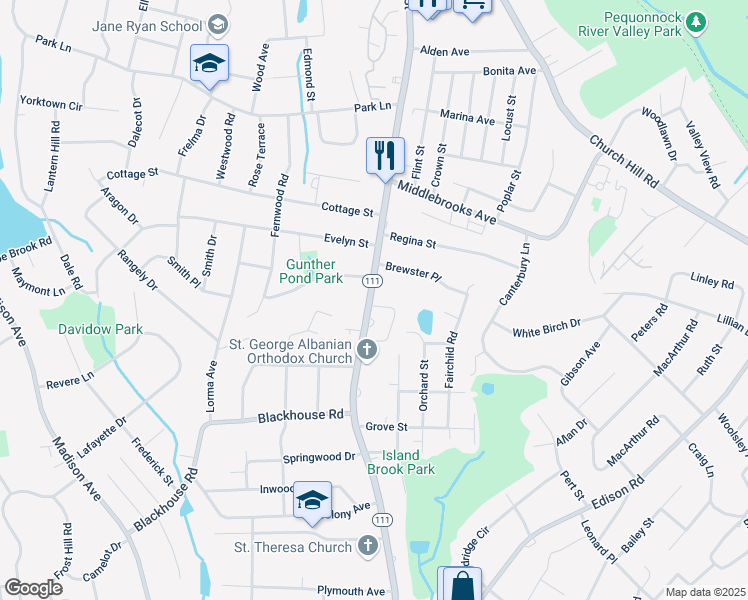 map of restaurants, bars, coffee shops, grocery stores, and more near 5536 Main Street in Trumbull