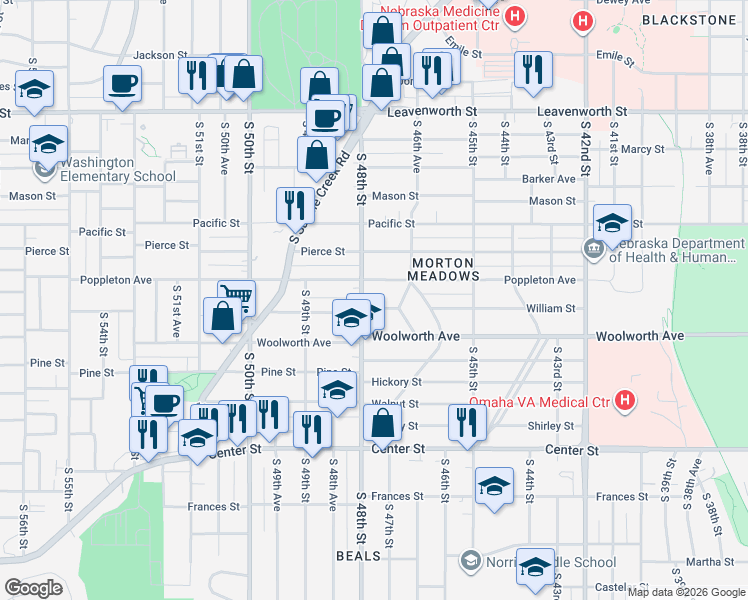 map of restaurants, bars, coffee shops, grocery stores, and more near 4685 Poppleton Avenue in Omaha