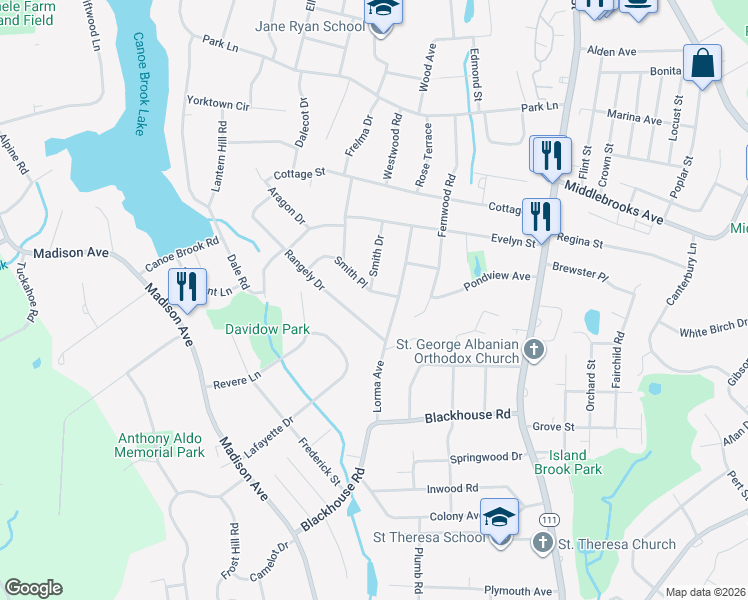 map of restaurants, bars, coffee shops, grocery stores, and more near 26 Smith Drive in Trumbull