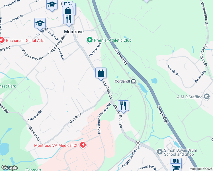 map of restaurants, bars, coffee shops, grocery stores, and more near 138 Albany Post Road in Montrose