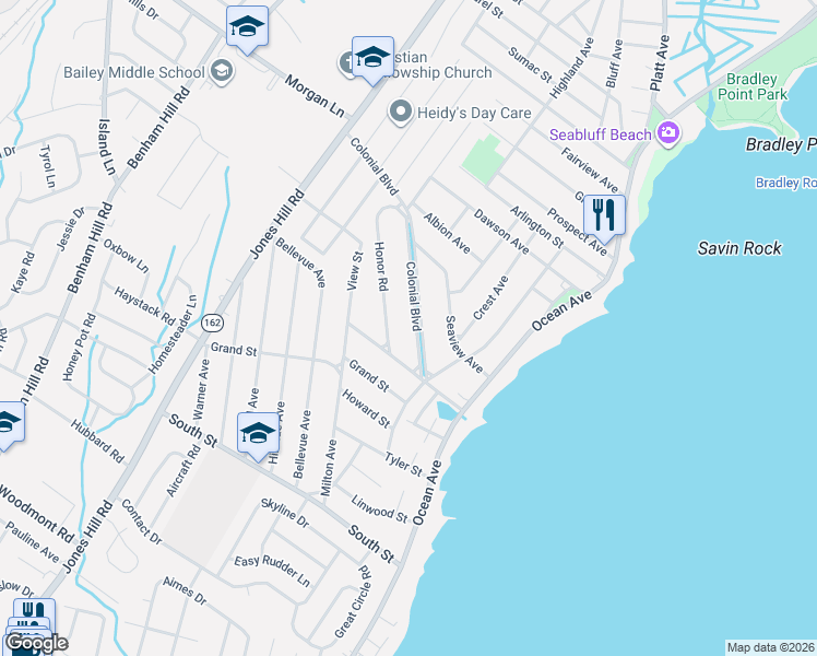 map of restaurants, bars, coffee shops, grocery stores, and more near 32 Colonial Boulevard in West Haven