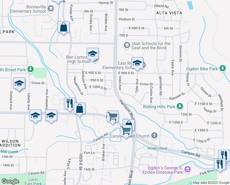 map of restaurants, bars, coffee shops, grocery stores, and more near 742 Harrison Boulevard in Ogden