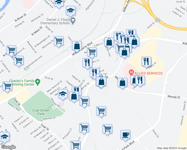 map of restaurants, bars, coffee shops, grocery stores, and more near 37 Maxwell Street in Wilkes-Barre