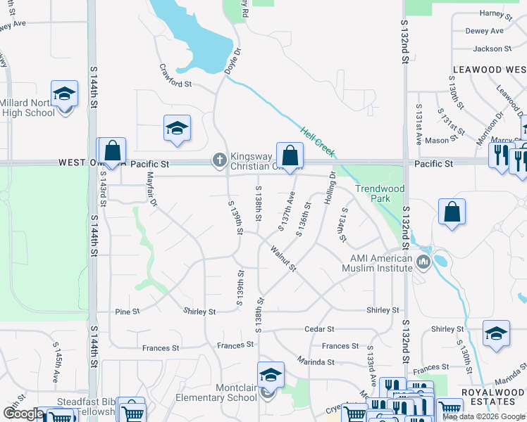 map of restaurants, bars, coffee shops, grocery stores, and more near 13769 Poppleton Circle in Omaha