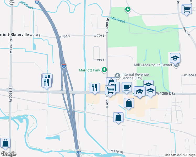 map of restaurants, bars, coffee shops, grocery stores, and more near 1045 South 1200 West in Ogden