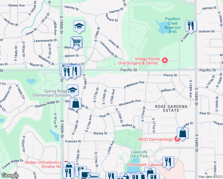 map of restaurants, bars, coffee shops, grocery stores, and more near 17552 Poppleton Avenue in Omaha