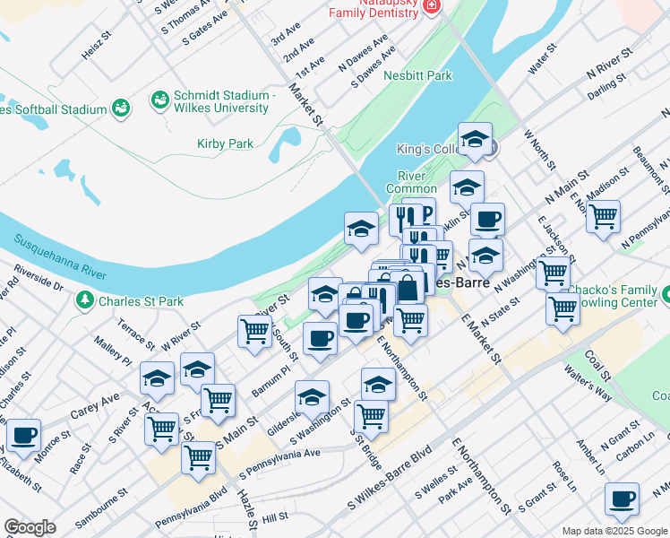 map of restaurants, bars, coffee shops, grocery stores, and more near 92 South River Street in Wilkes-Barre