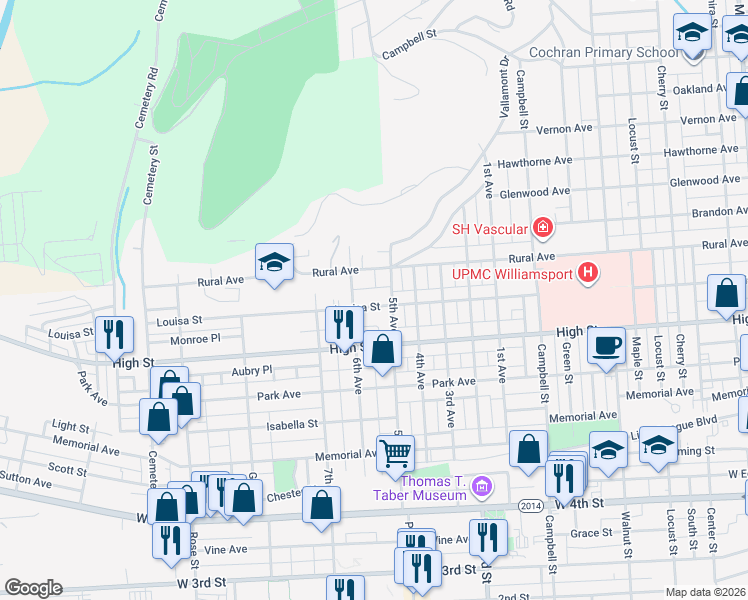 map of restaurants, bars, coffee shops, grocery stores, and more near 1029 Rural Avenue in Williamsport