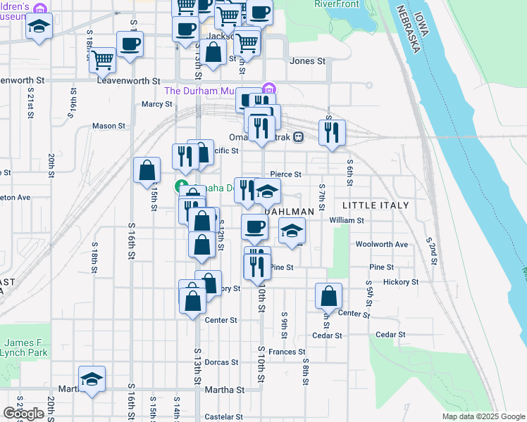 map of restaurants, bars, coffee shops, grocery stores, and more near 1335 South 10th Street in Omaha