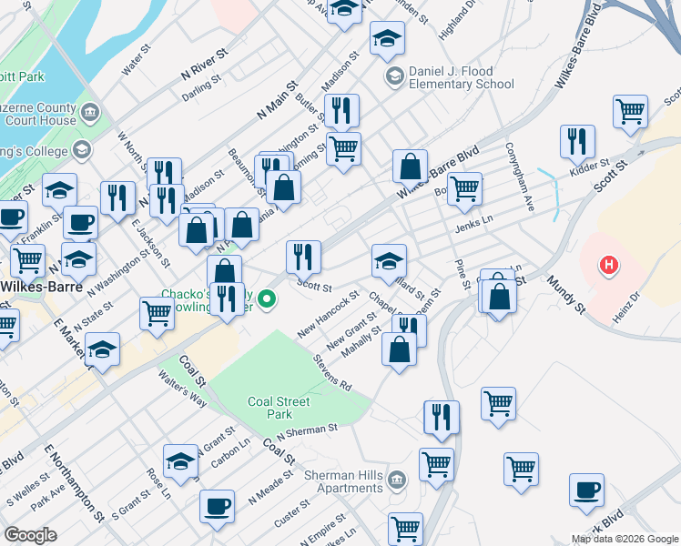 map of restaurants, bars, coffee shops, grocery stores, and more near 72 Kidder St in Wilkes-Barre