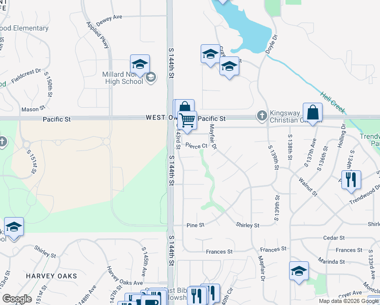 map of restaurants, bars, coffee shops, grocery stores, and more near 14202 Pierce Court in Omaha