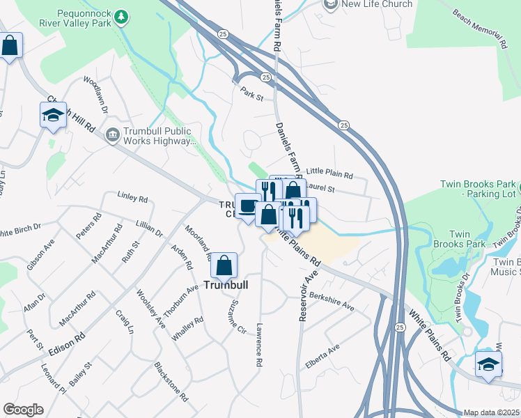 map of restaurants, bars, coffee shops, grocery stores, and more near 8 Taits Mill Road in Trumbull
