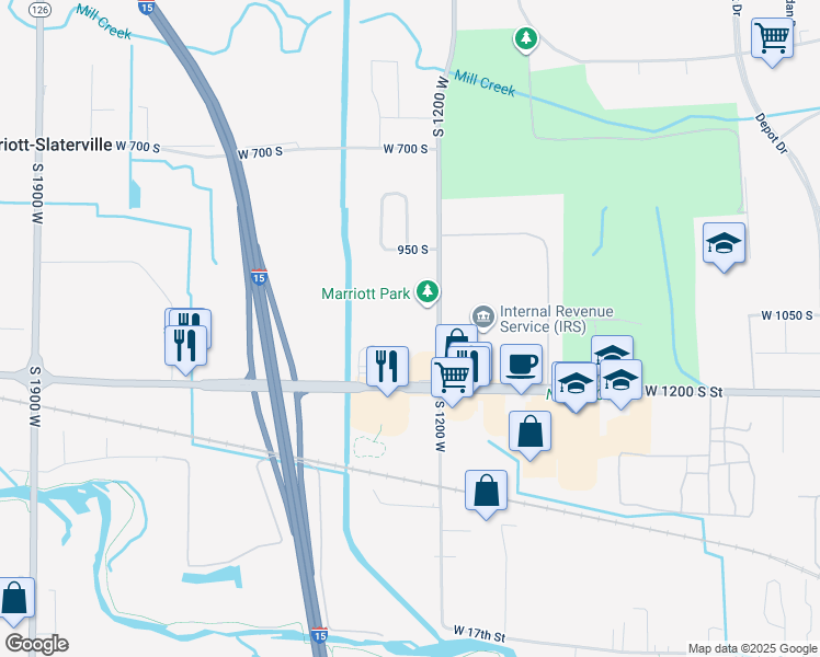 map of restaurants, bars, coffee shops, grocery stores, and more near 1045 South 1200 West in Marriott-Slaterville