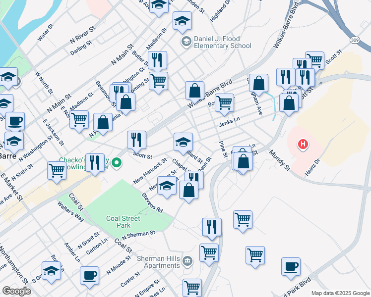 map of restaurants, bars, coffee shops, grocery stores, and more near 270 Scott Street in Wilkes-Barre