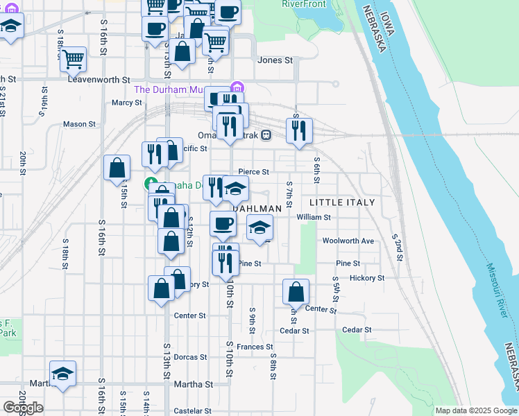map of restaurants, bars, coffee shops, grocery stores, and more near in Omaha