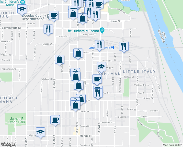 map of restaurants, bars, coffee shops, grocery stores, and more near 1228 South 11th Street in Omaha