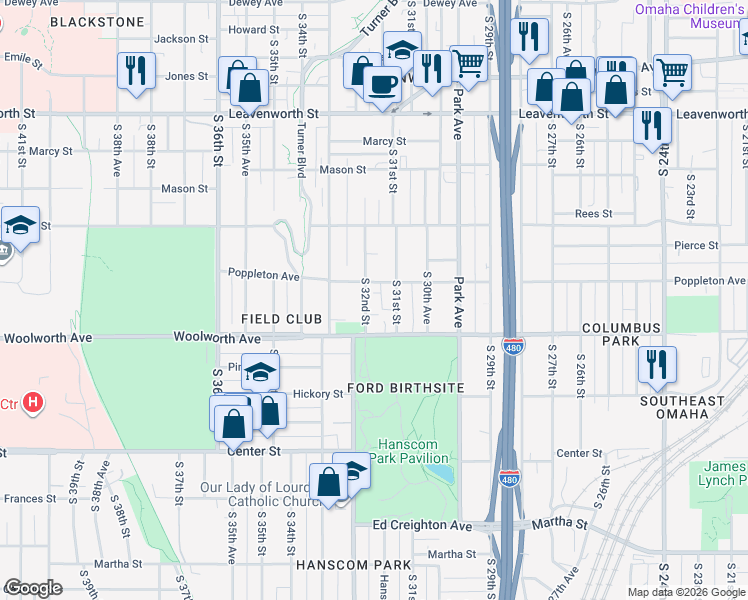 map of restaurants, bars, coffee shops, grocery stores, and more near 3124 Poppleton Avenue in Omaha
