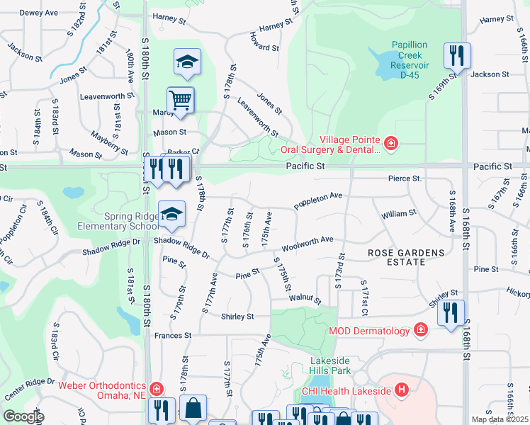 map of restaurants, bars, coffee shops, grocery stores, and more near 17552 Poppleton Avenue in Omaha