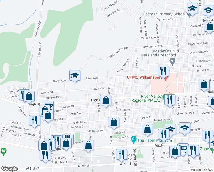 map of restaurants, bars, coffee shops, grocery stores, and more near 1002 Louisa Street in Williamsport