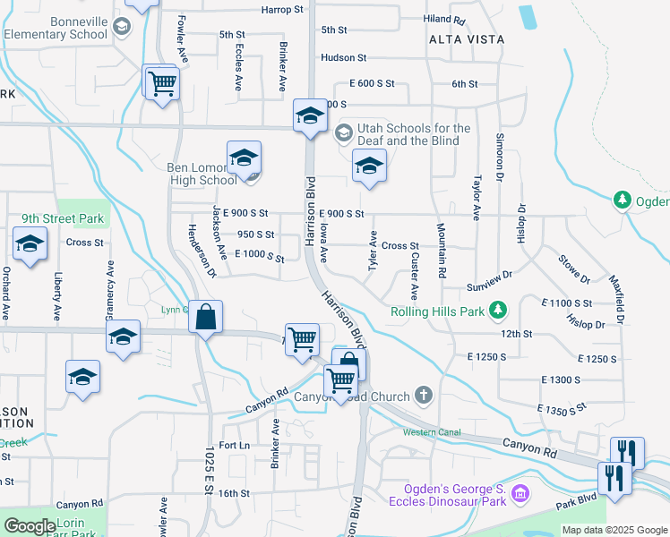 map of restaurants, bars, coffee shops, grocery stores, and more near 1229 Cross Street in Ogden