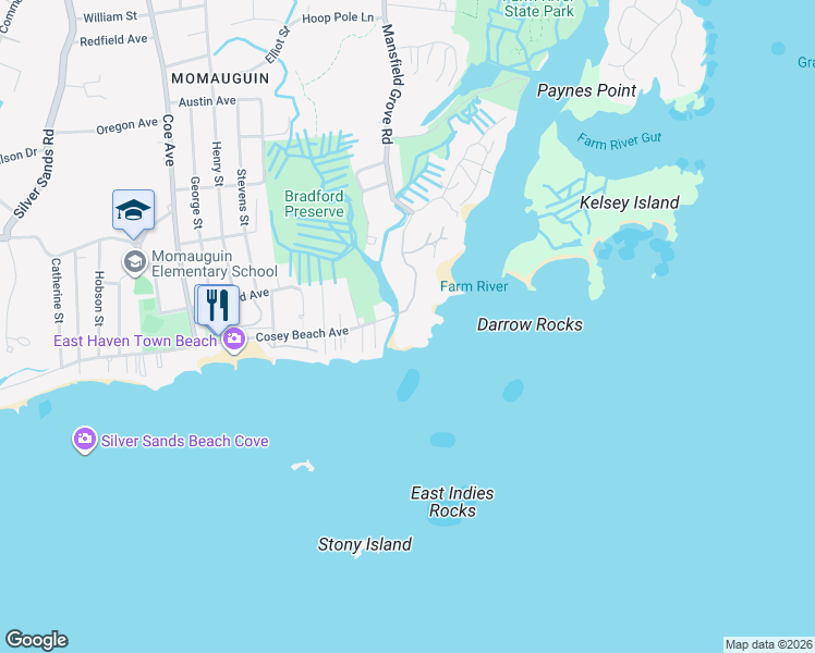 map of restaurants, bars, coffee shops, grocery stores, and more near 3 Cosey Beach Avenue in East Haven