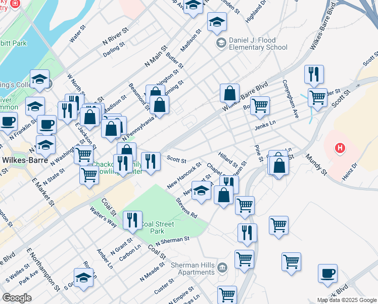 map of restaurants, bars, coffee shops, grocery stores, and more near 72 Kidder St in Wilkes-Barre