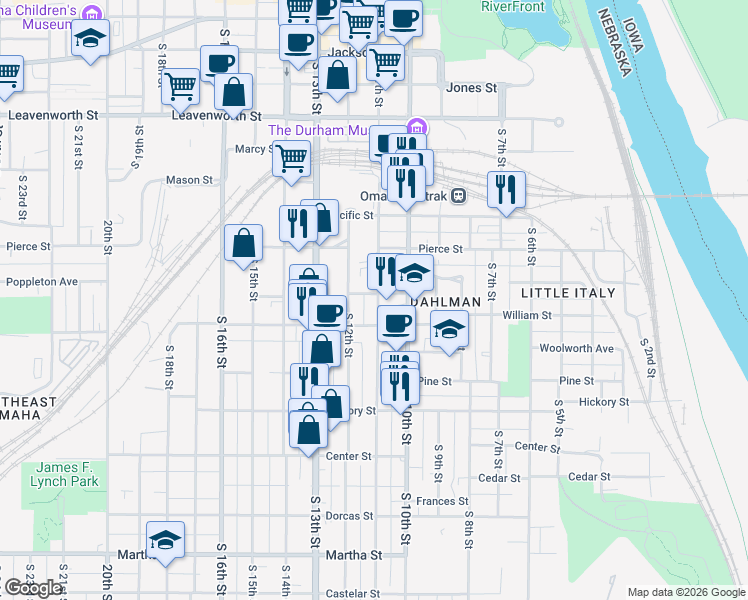 map of restaurants, bars, coffee shops, grocery stores, and more near 1228 South 11th Street in Omaha