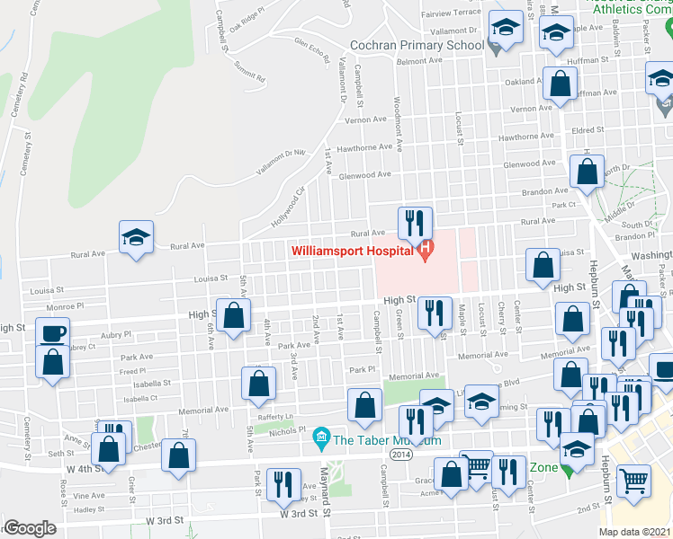 map of restaurants, bars, coffee shops, grocery stores, and more near 1st Avenue in Williamsport