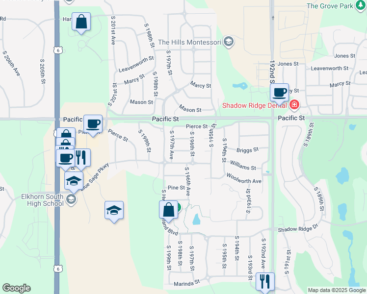map of restaurants, bars, coffee shops, grocery stores, and more near 19701 Poppleton Avenue in Omaha