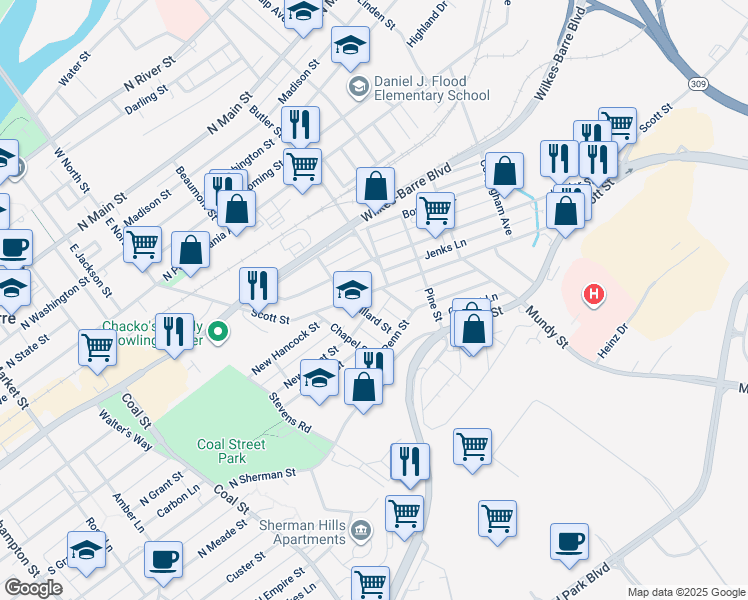 map of restaurants, bars, coffee shops, grocery stores, and more near 269 Scott St in Wilkes-Barre