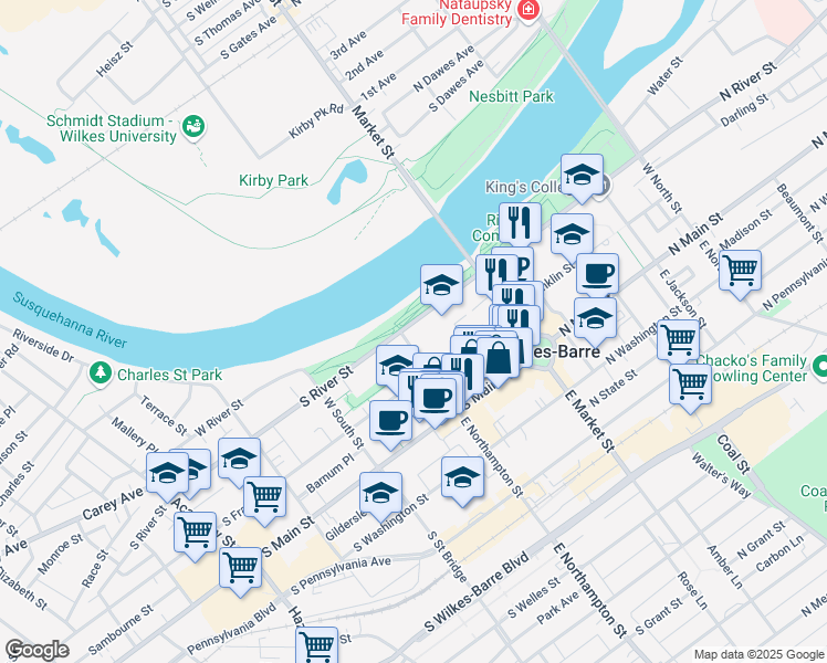 map of restaurants, bars, coffee shops, grocery stores, and more near 92 South River Street in Wilkes-Barre