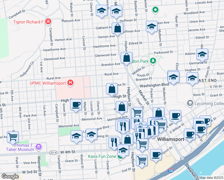 map of restaurants, bars, coffee shops, grocery stores, and more near 412 Louisa Street in Williamsport