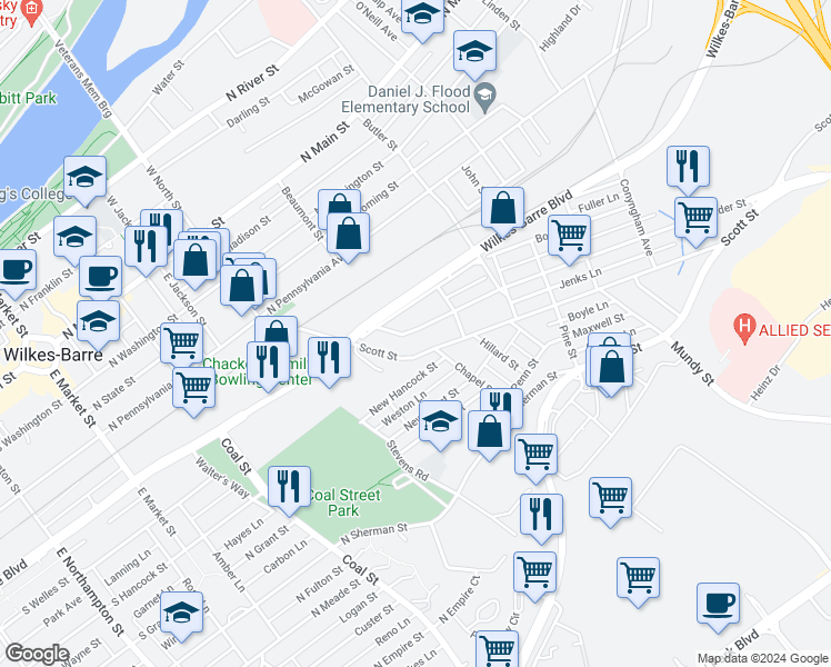 map of restaurants, bars, coffee shops, grocery stores, and more near 72 Kidder St in Wilkes-Barre