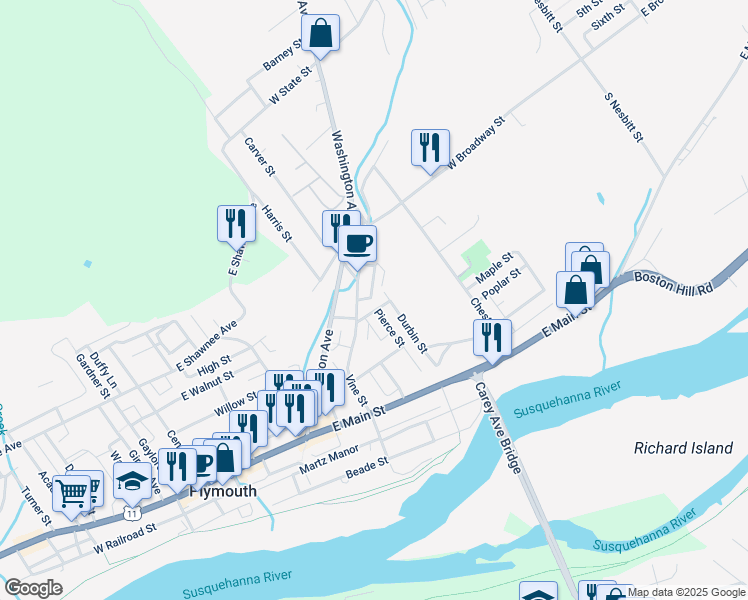 map of restaurants, bars, coffee shops, grocery stores, and more near 238 Gould St in Larksville