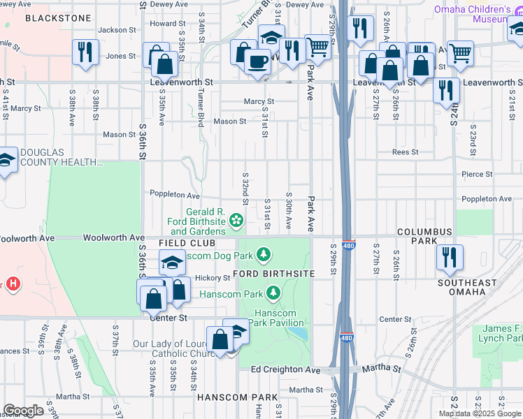 map of restaurants, bars, coffee shops, grocery stores, and more near 3124 Poppleton Avenue in Omaha
