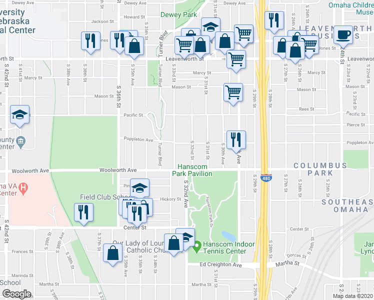 map of restaurants, bars, coffee shops, grocery stores, and more near 3221 Poppleton Avenue in Omaha