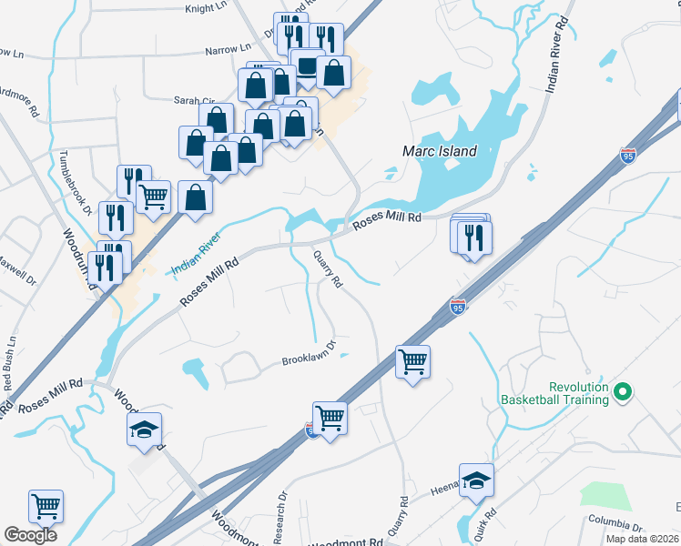 map of restaurants, bars, coffee shops, grocery stores, and more near 16 Quarry Road in Milford