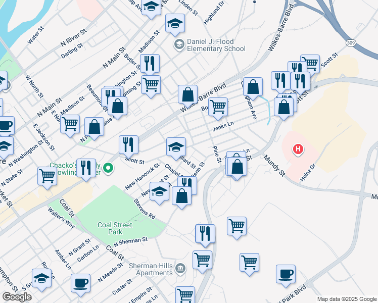 map of restaurants, bars, coffee shops, grocery stores, and more near 269 Scott Street in Wilkes-Barre