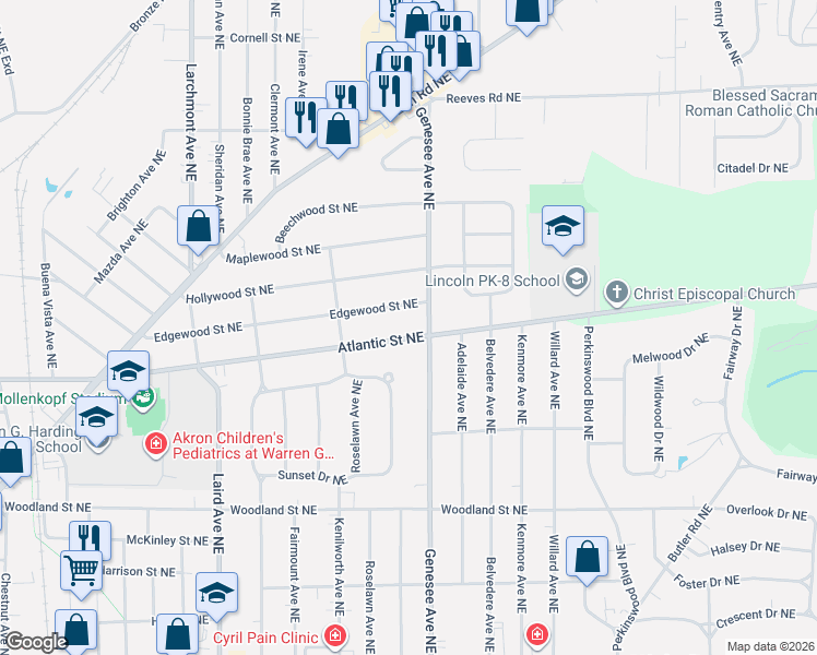 map of restaurants, bars, coffee shops, grocery stores, and more near 1053 Genesee Avenue Northeast in Warren