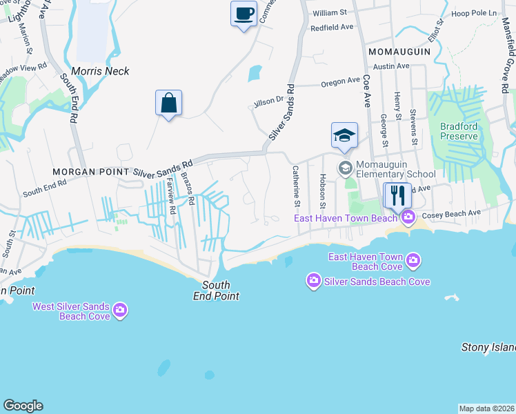 map of restaurants, bars, coffee shops, grocery stores, and more near 160 South Shore Drive in East Haven
