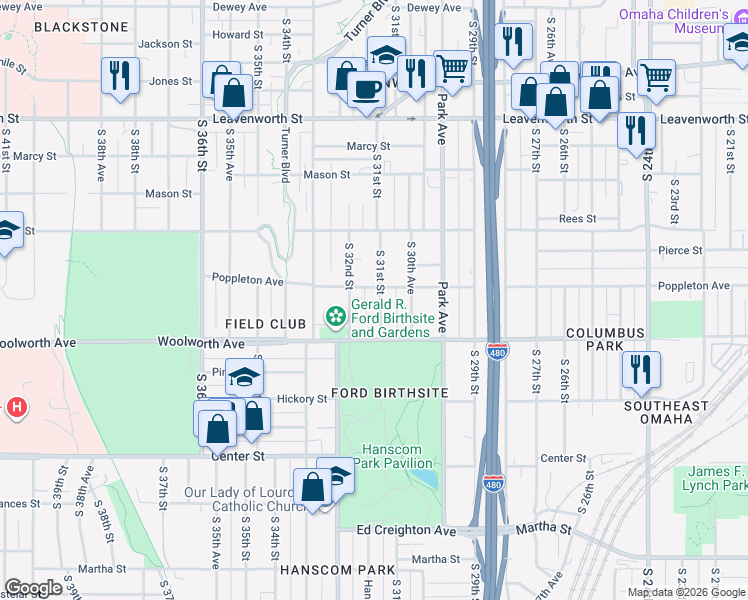 map of restaurants, bars, coffee shops, grocery stores, and more near 3124 Poppleton Avenue in Omaha