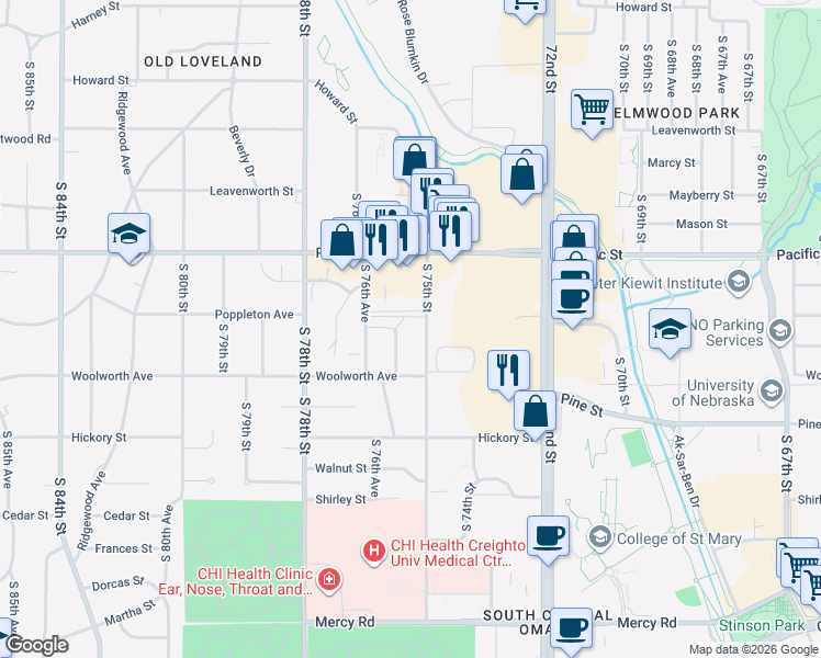 map of restaurants, bars, coffee shops, grocery stores, and more near 1340 South 75th Street in Omaha